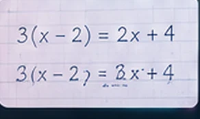 Тетрадный лист с уравнением 3(x − 2) = 2x + 4